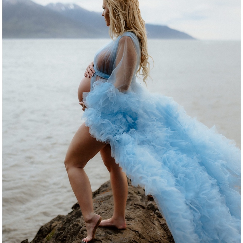 Elegant Sheer Blue Maternity Gown or Robe